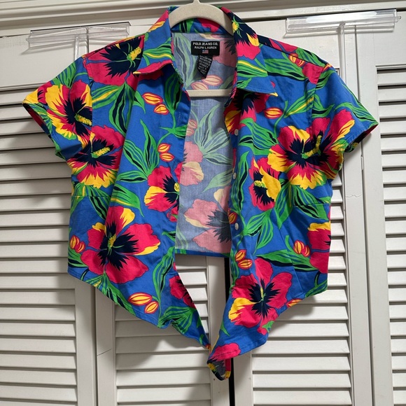 Polo by Ralph Lauren Blue Floral Button Down Crop - Picture 1 of 6